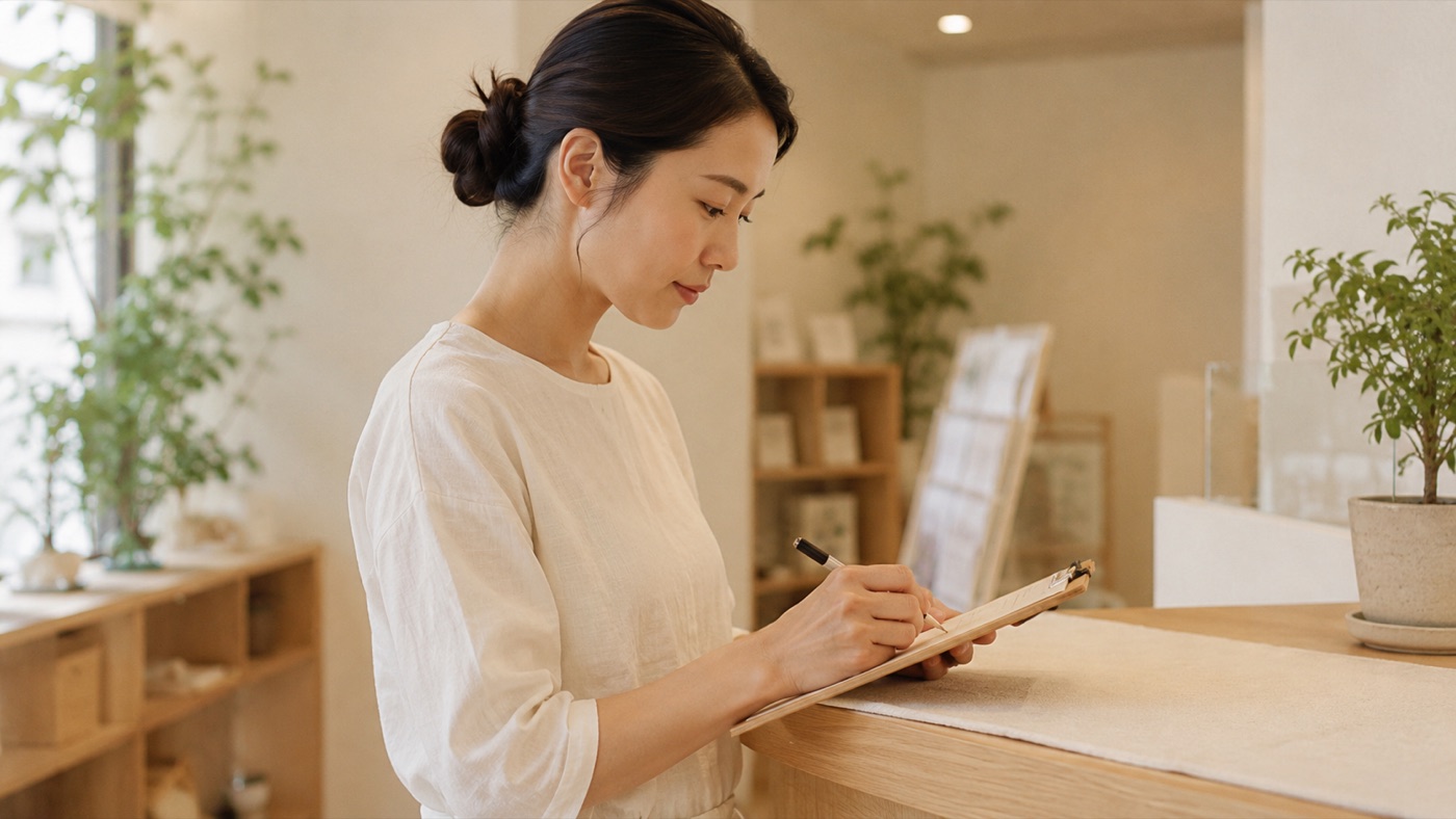 店舗で日々の運営情報を記録するスタッフ