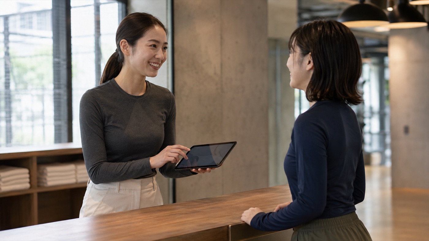 受付で店舗スタッフと対話する担当者