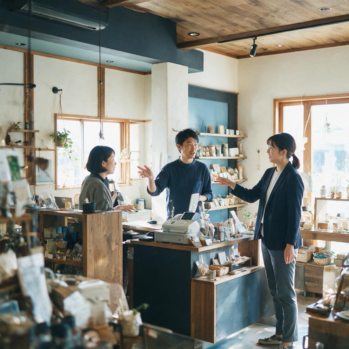 店舗の現場で改善方法を話し合うチーム