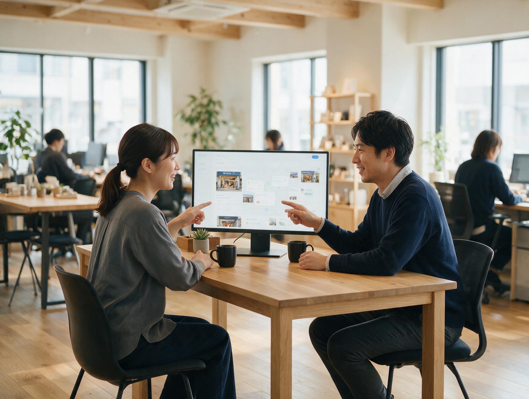 店舗マーケティング支援について打ち合わせるスタッフ