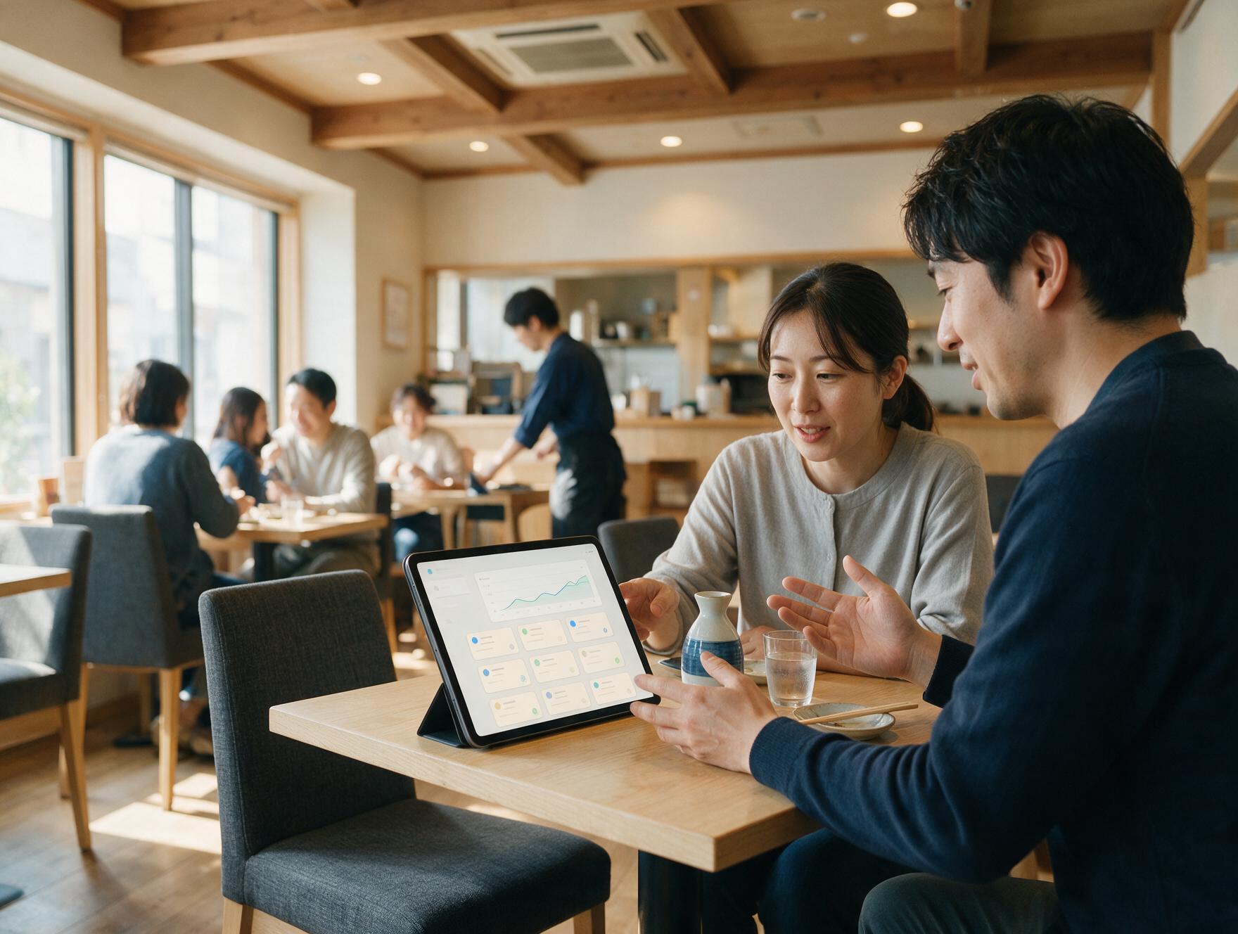 飲食店の運用改善について打ち合わせるスタッフ